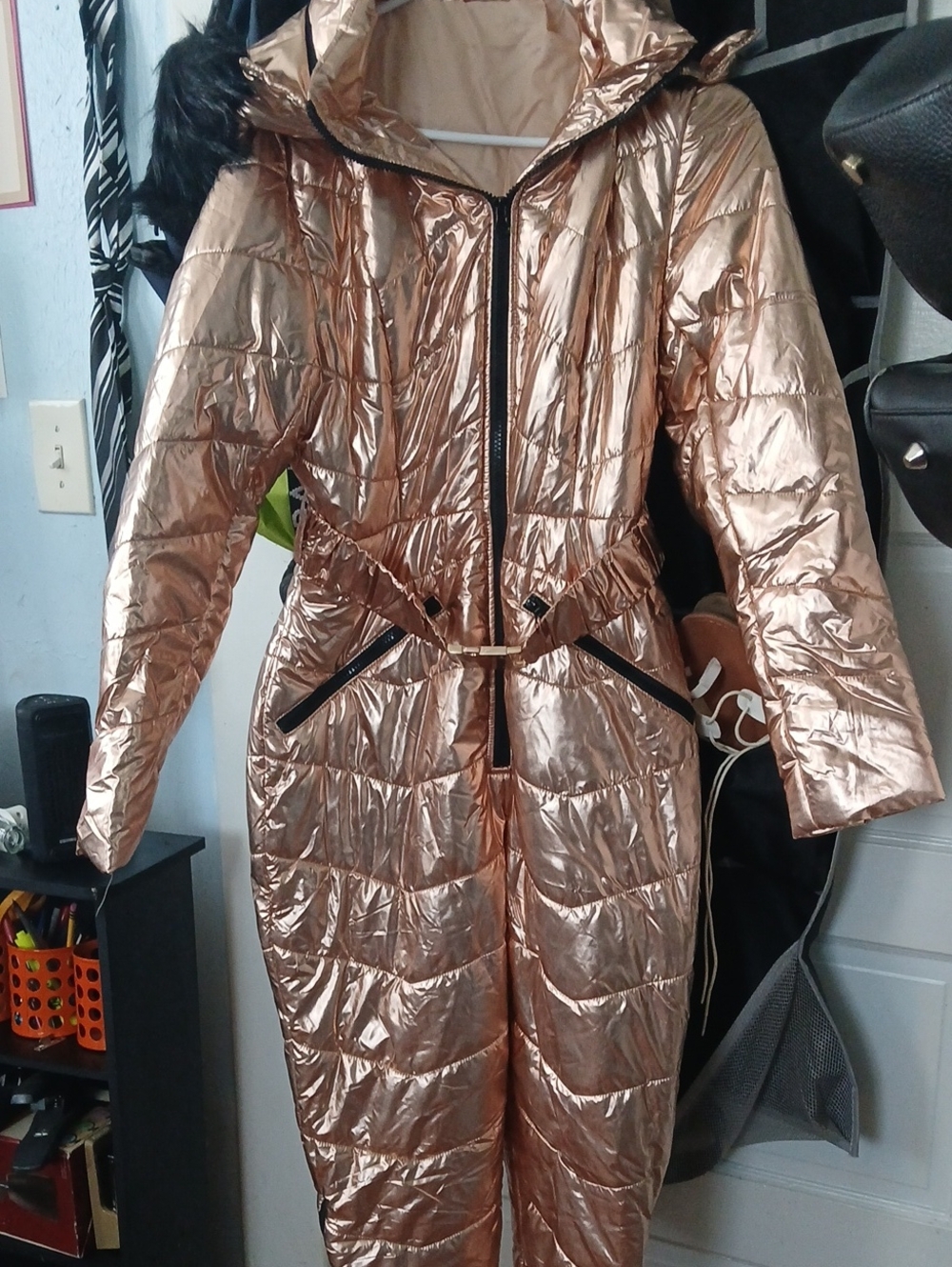 Metallic Rose Gold Puffer Jumpsuit with Hood - Women